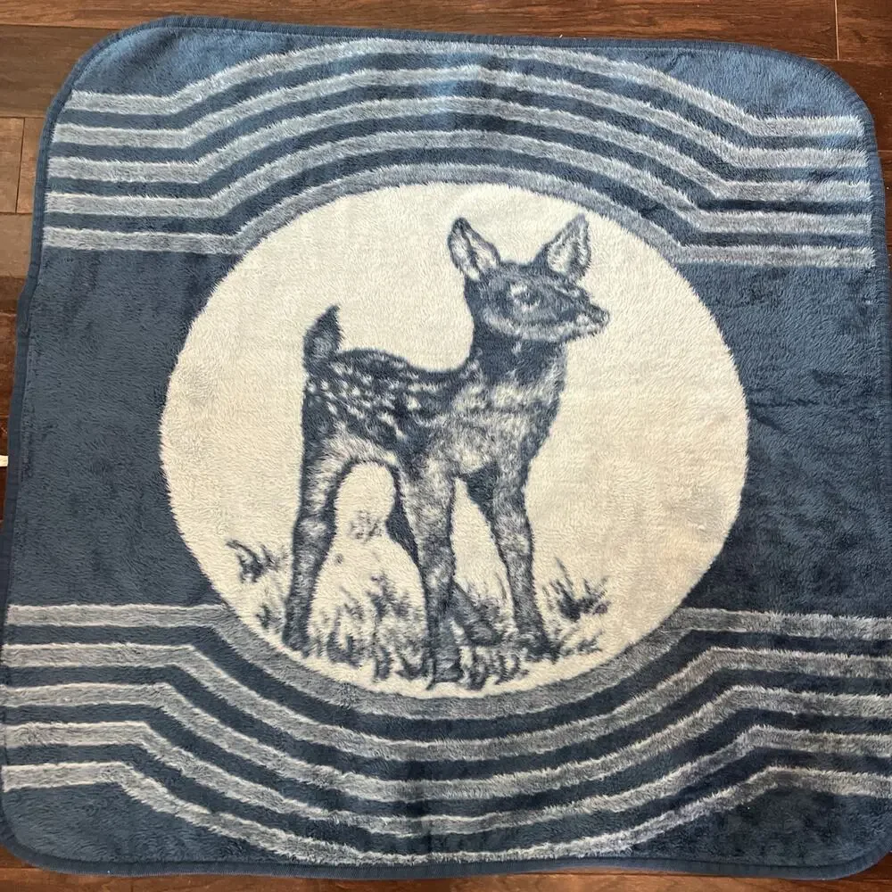 VTG San Marcos deer Soft Throw blanket Cobija Reversible Blue Baby/toddler RARE!